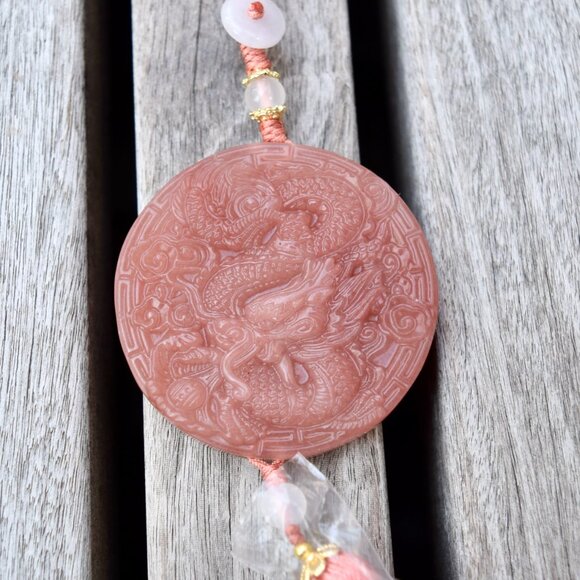 【SOLD】Pink Jade Dragon Bag Charm Keychain - Tassel Hanging Ornament - Picture 2 of 4